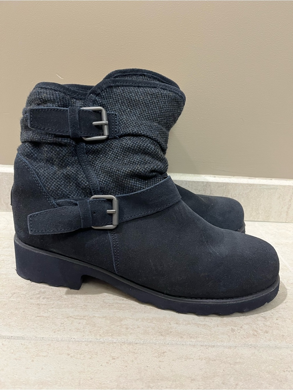 BearPaw Navy Blue Suede Ankle Booties with Buckle Straps